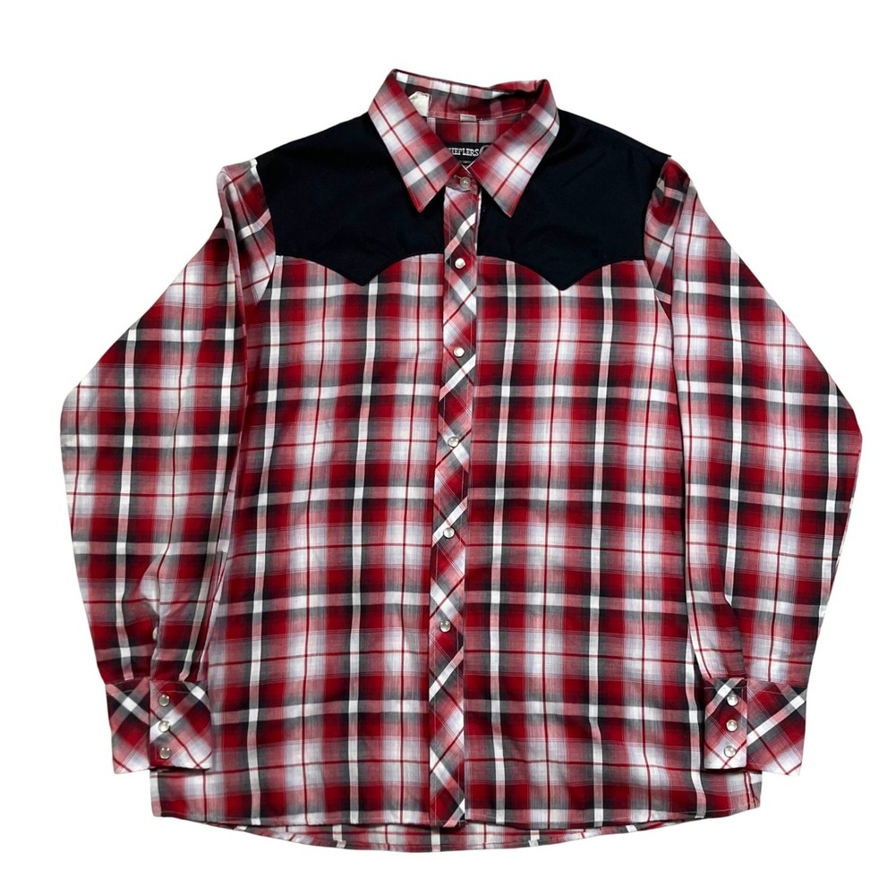 Sheplers Mens Red Plaid Western Snap Front Shirt Black Yoke Long Sleeve Sz 16 38